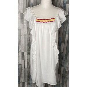 ENTRO Smocked Peasant Boho Tunic White Lined Blouse W/ Red, Yellow Pink Accent S
